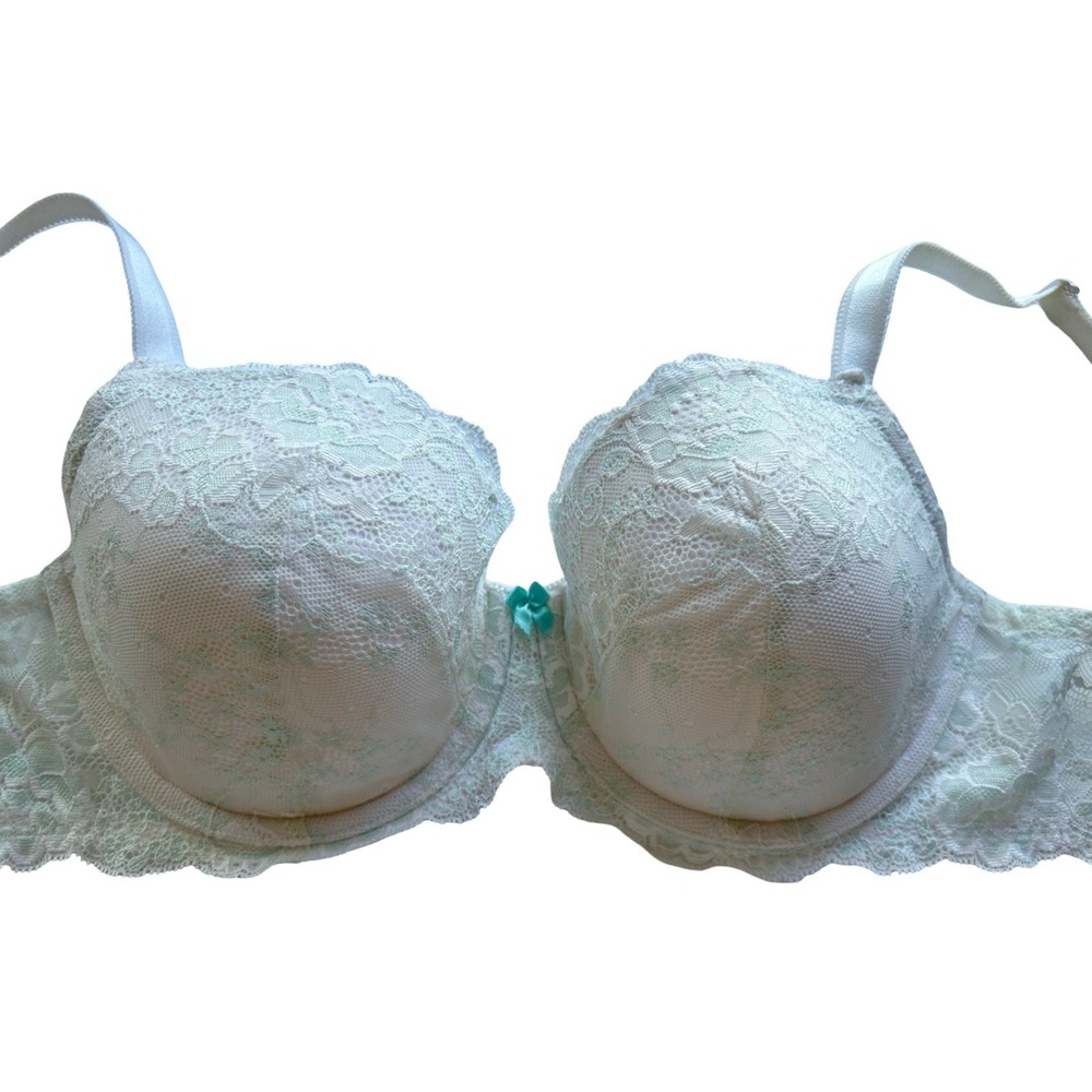 34DD White & Aqua Lined Demi Victorias Secret Bra Dream Angels Bow